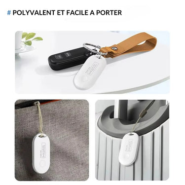 Traceur Bluetooth polyvalent et facile à porter. Idéal pour attacher à un porte-clés, un sac à main ou une valise, ce dispositif léger et compact assure un suivi efficace de vos objets personnels en toutes circonstances.
